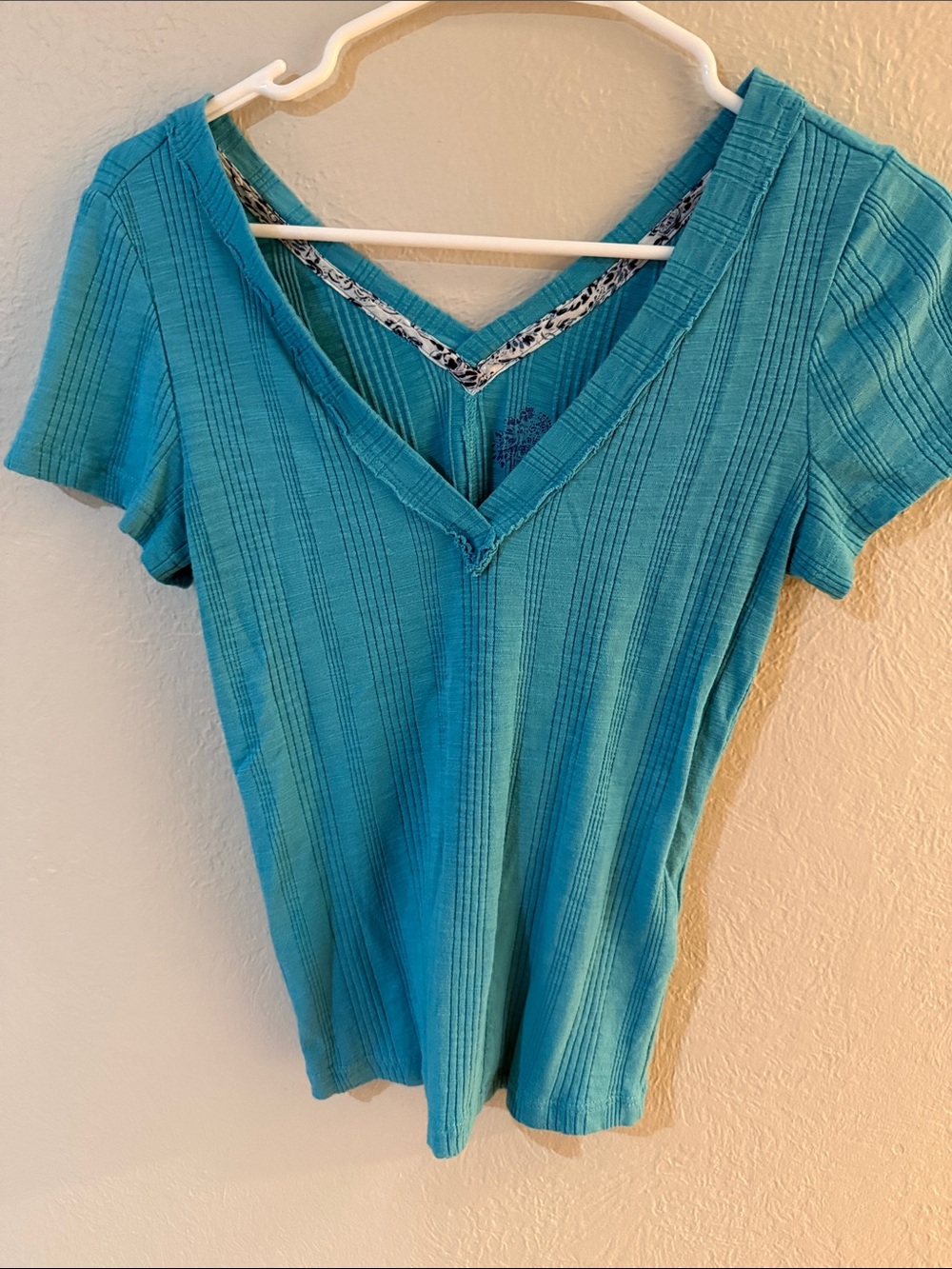 Pilcro Teal Ribbed V-Neck Short Sleeve Top